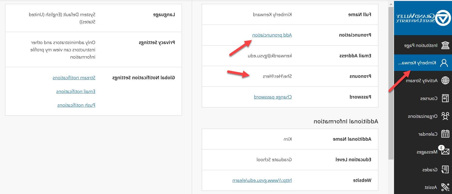 Screen capture showing the Blackboard platform with instructions on how to update a student's pronunciation of name and pronouns.